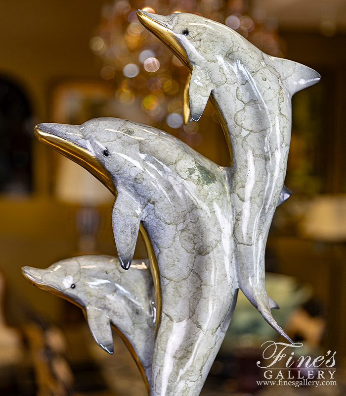 Bronze Statues  - Aqua Marine Blue Three Bronze Dolphins Desktop Statue - BS-1653